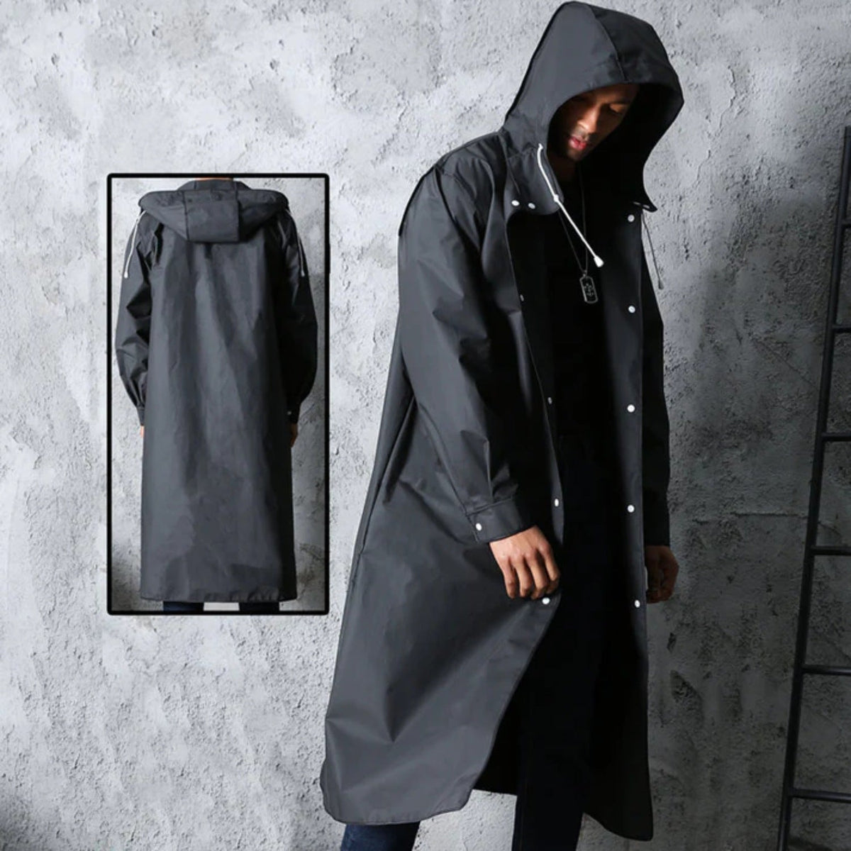 Man wearing long dark grey hooded raincoat, with flat lay inset | Chaps London