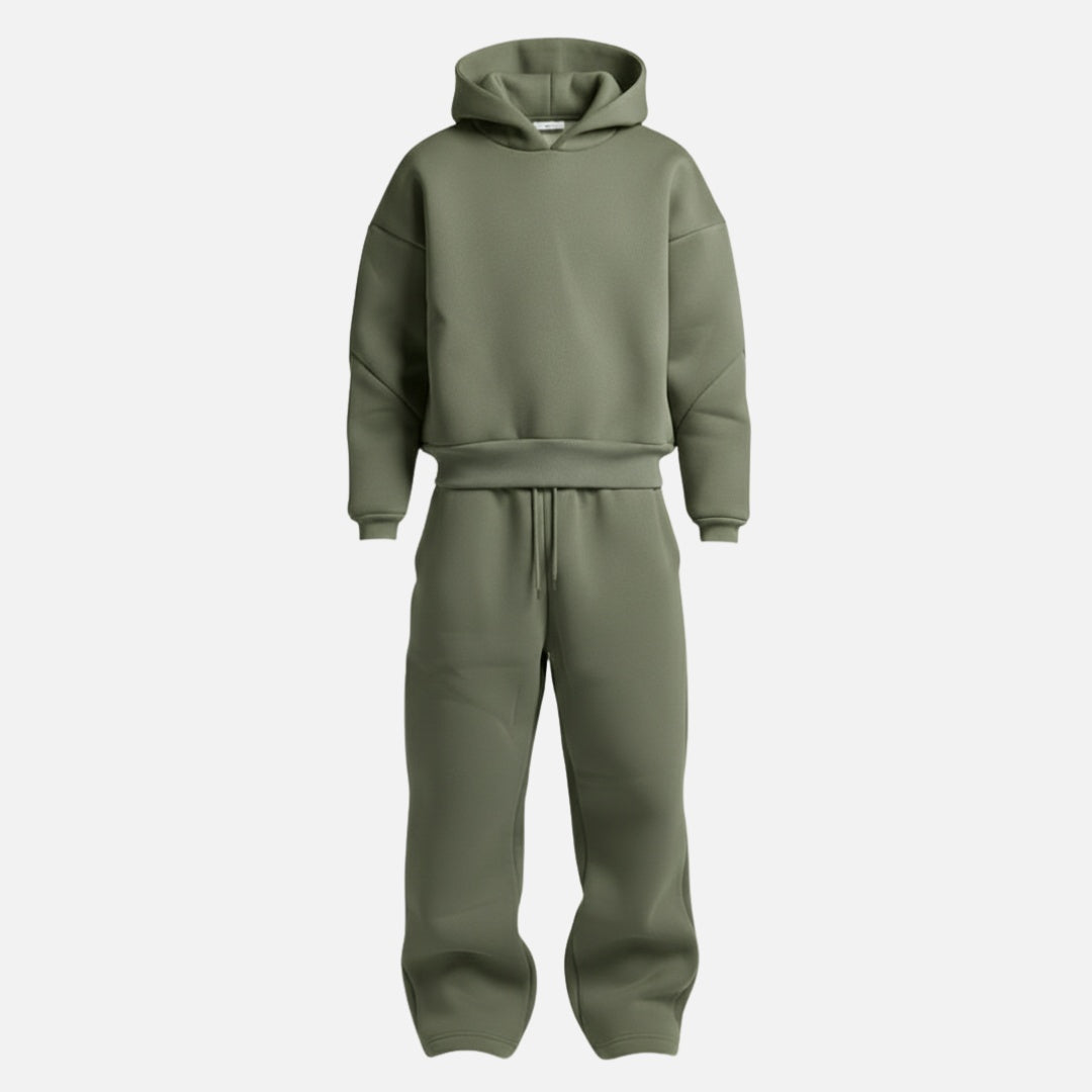 Olive green oversized hoodie and wide leg jogger tracksuit, front view | Chaps London