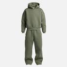 Olive green oversized hoodie and wide leg jogger tracksuit, front view | Chaps London