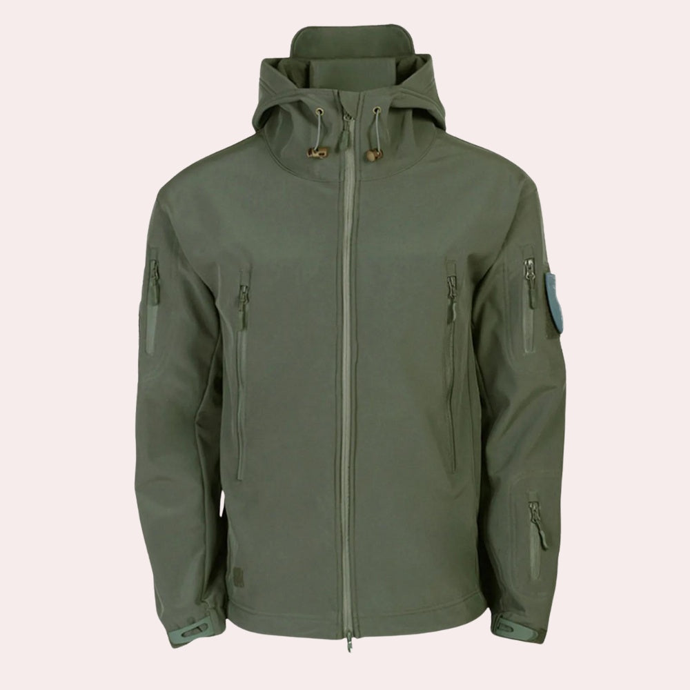 Olive green hooded softshell jacket with zip pockets, shown on mannequin | Chaps London
