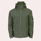 Olive green hooded softshell jacket with zip pockets, shown on mannequin | Chaps London