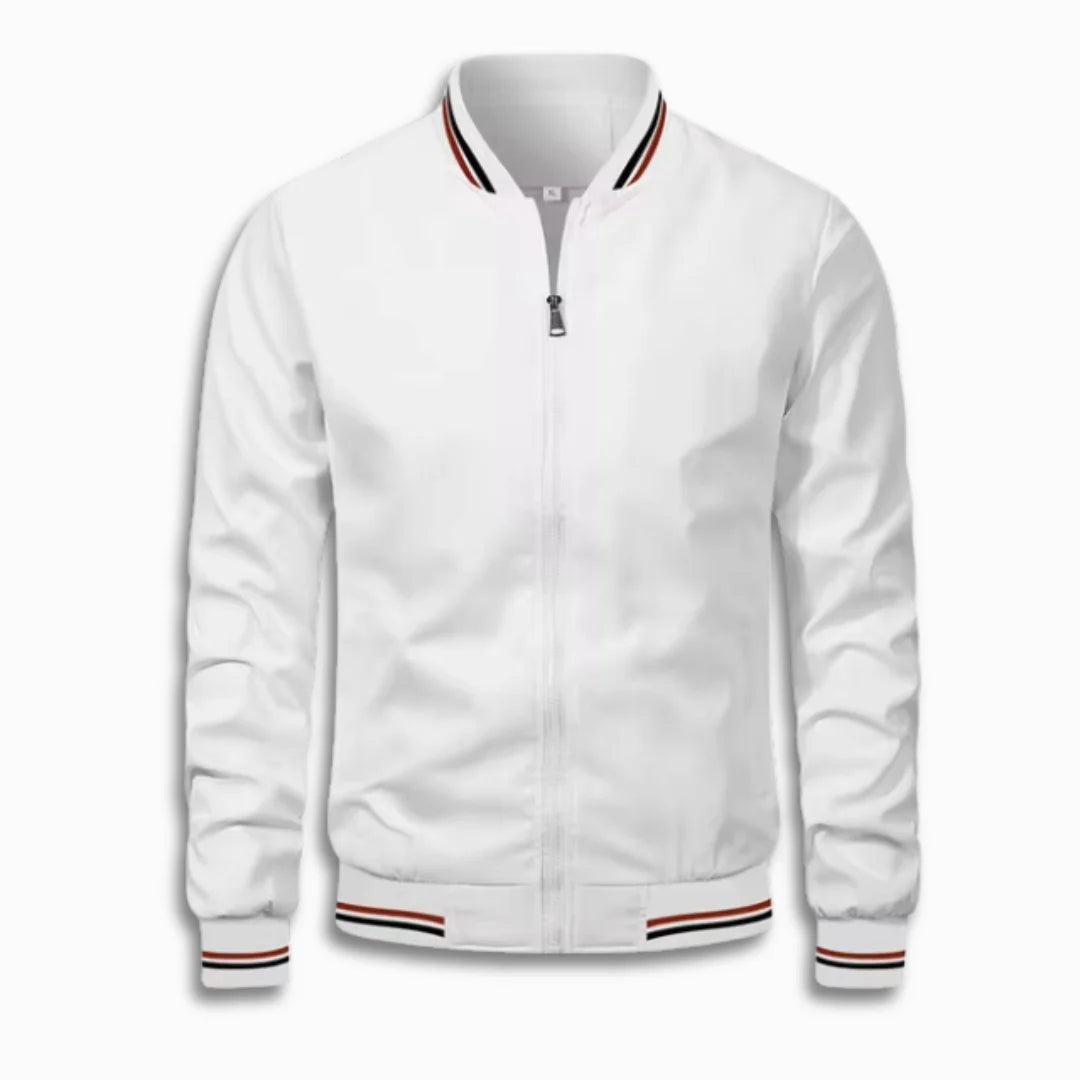 White bomber jacket with striped rib trim, zipped, shown flat front view | Chaps London