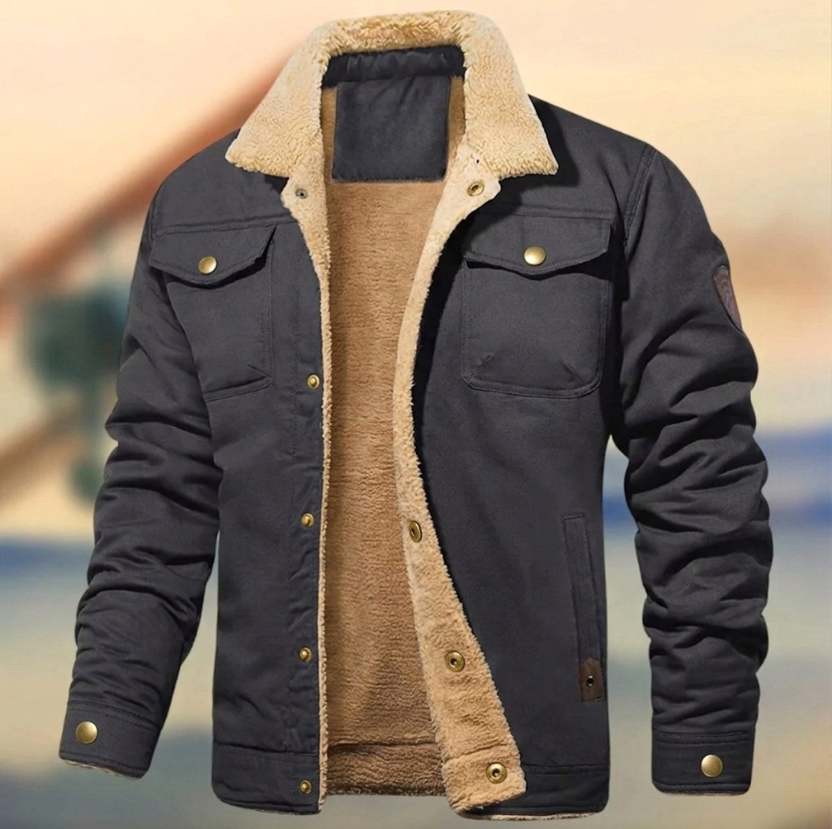 Navy blue sherpa trucker jacket with tan collar, shown unworn flat | Chaps London
