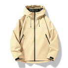 Beige hooded waterproof jacket with zip pockets, laid flat, front view | Chaps London