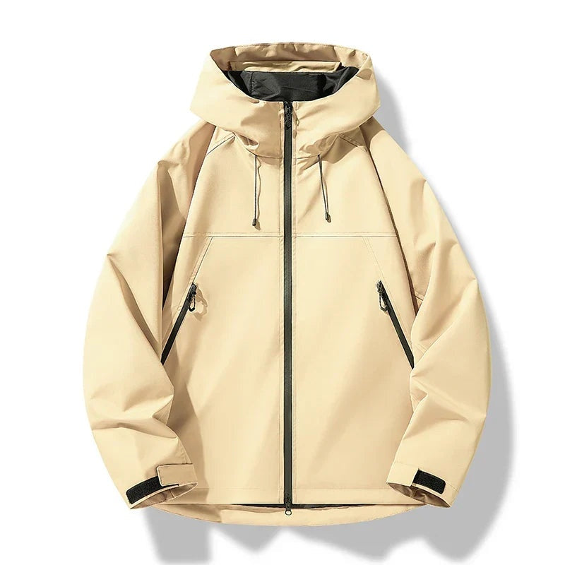 Beige hooded waterproof jacket with zip pockets, laid flat, front view | Chaps London