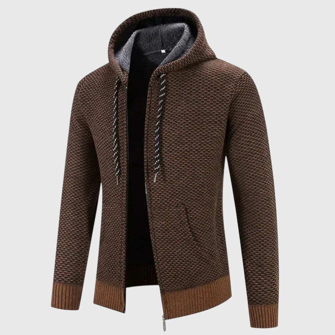 Brown chunky knit zip-up hoodie with fleece-lined hood on mannequin | Chaps London