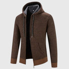 Brown chunky knit zip-up hoodie with fleece-lined hood on mannequin | Chaps London