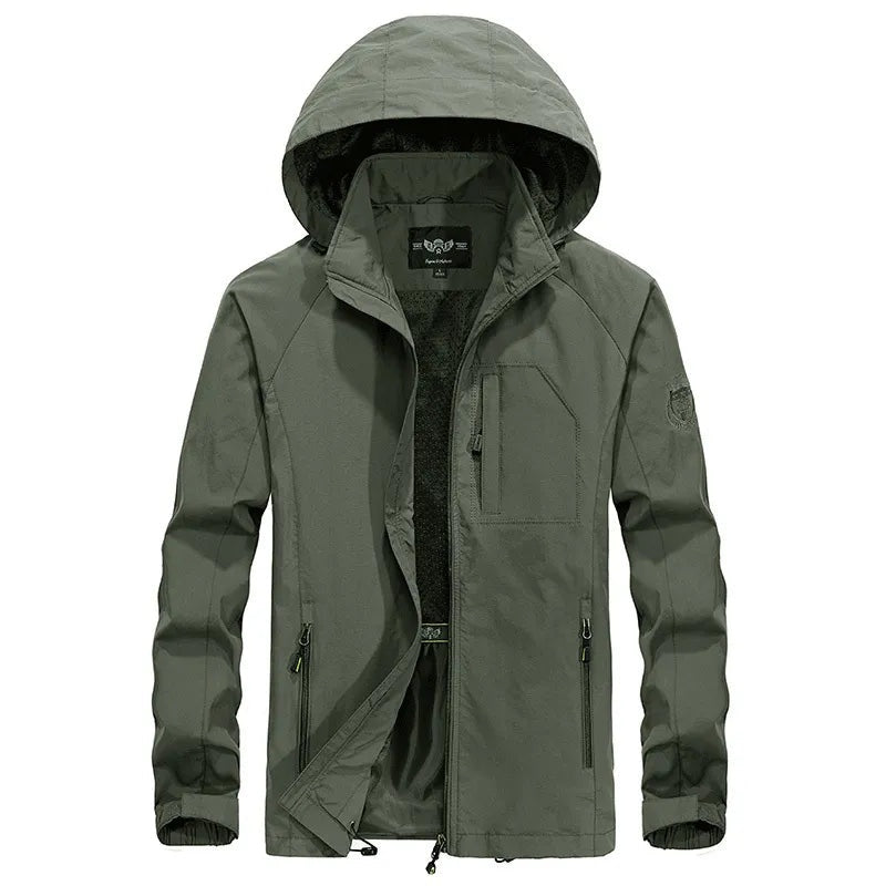 Olive green hooded jacket with zippers, shown flat, unworn | Chaps London