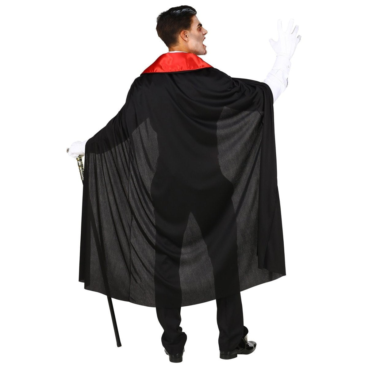 Man wearing black cape with red collar, worn, back view | Chaps London