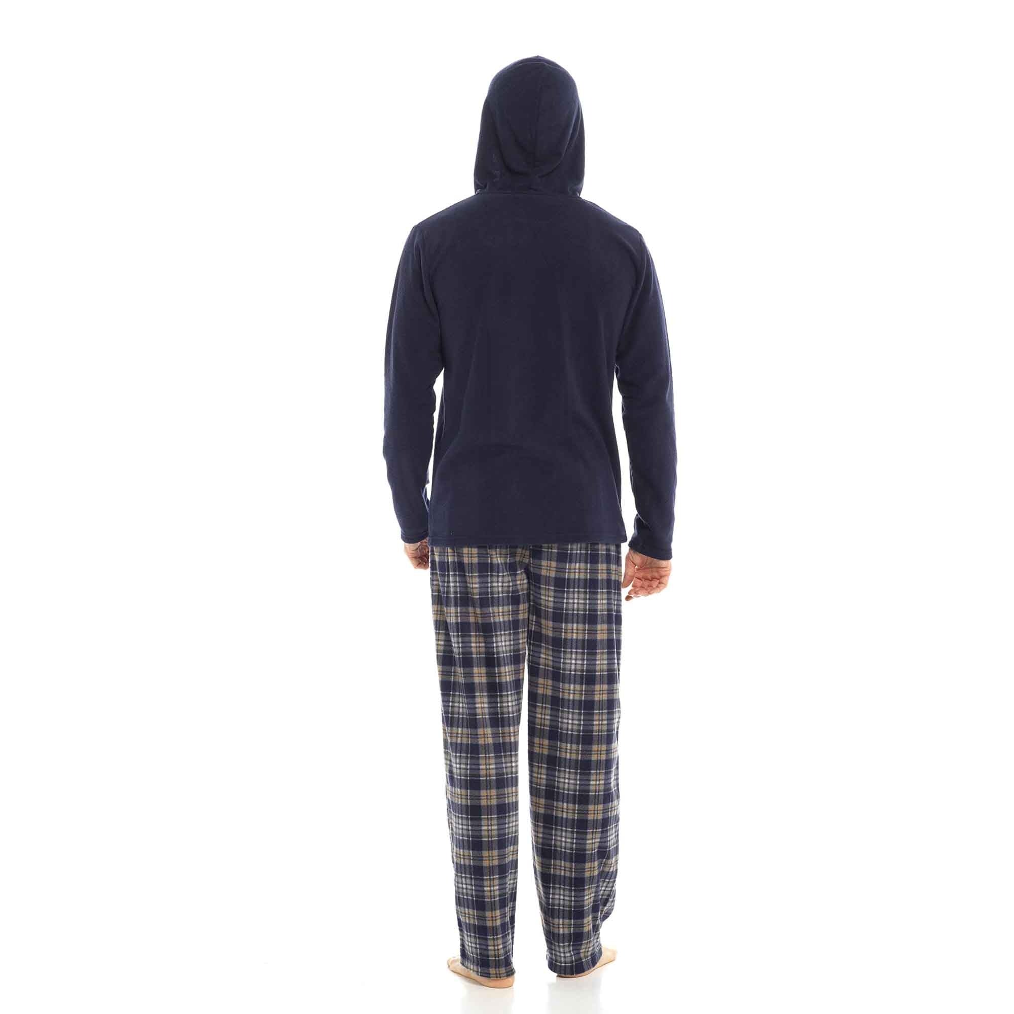 Man wearing navy hooded top with grey plaid pyjama trousers, back view | Chaps London