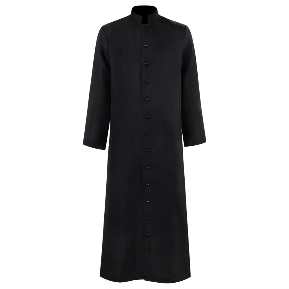 Black cassock robe with stand collar and button front, displayed flat | Chaps London