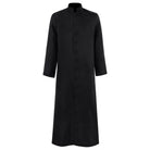 Black cassock robe with stand collar and button front, displayed flat | Chaps London