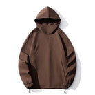 Brown waffle-texture hoodie with funnel neck, drawcord hem, shown flat | Chaps London