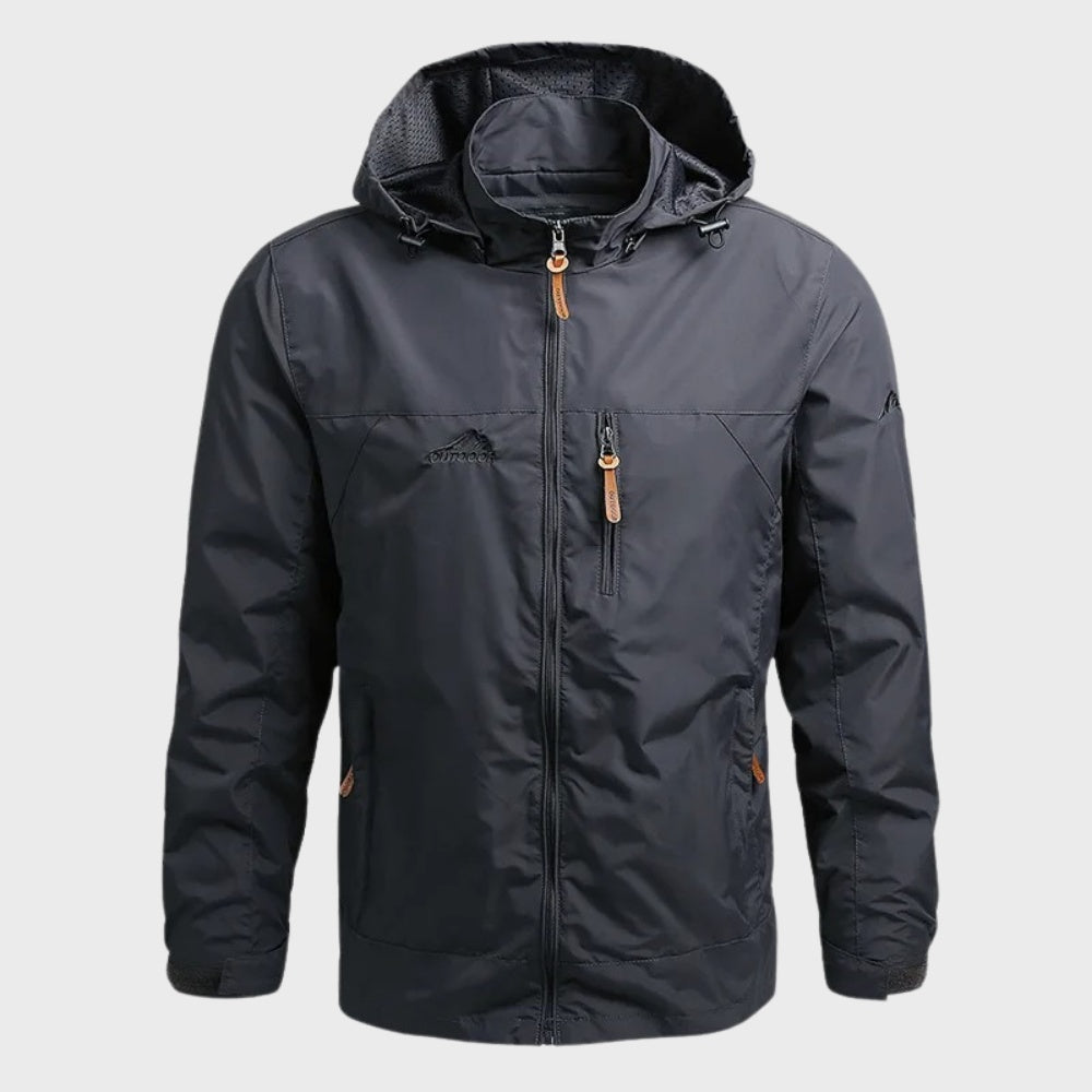 Gray hooded rain jacket with zip pockets, worn by a person | Chaps London