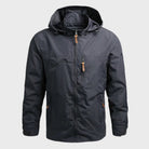 Gray hooded rain jacket with zip pockets, worn by a person | Chaps London