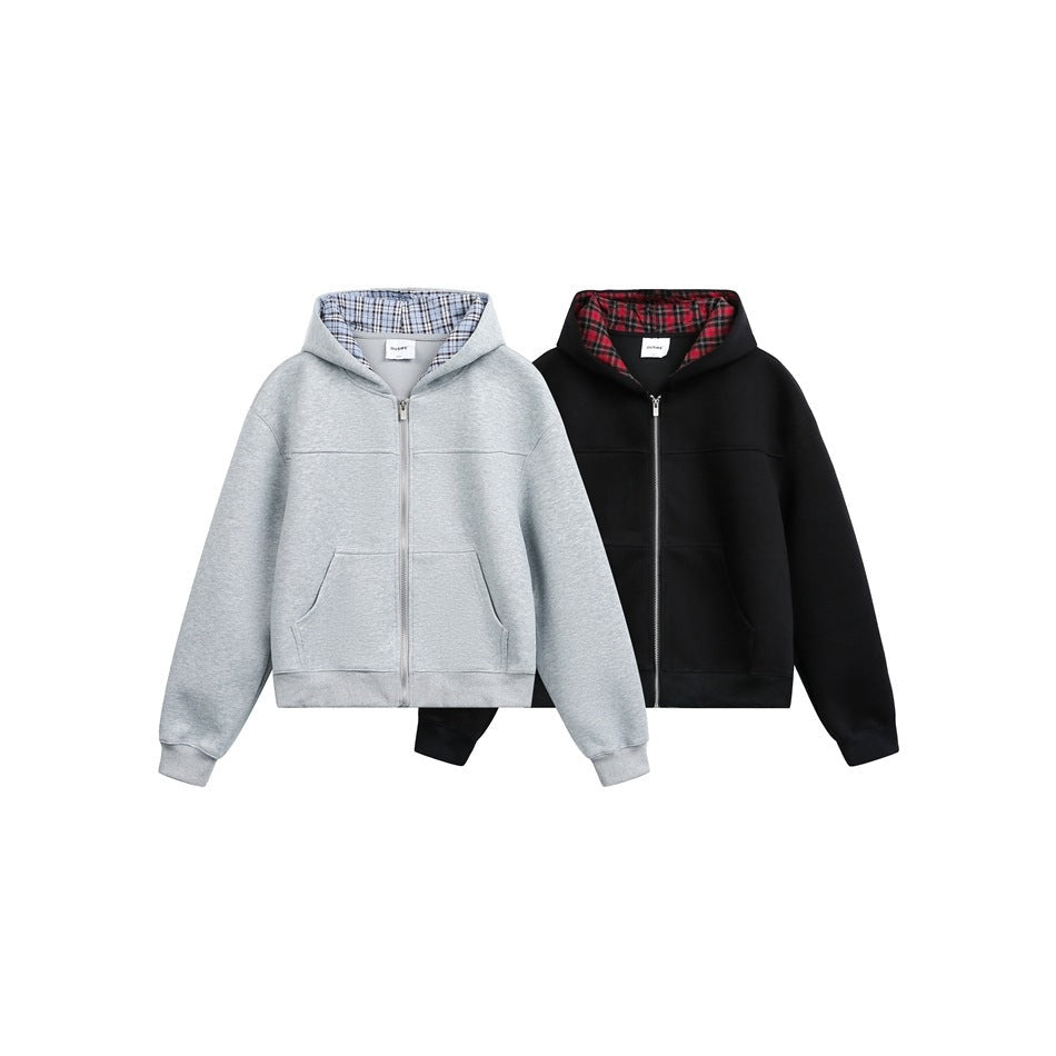 Gray and black zip hoodies with plaid lined hoods, flat lay | Chaps London