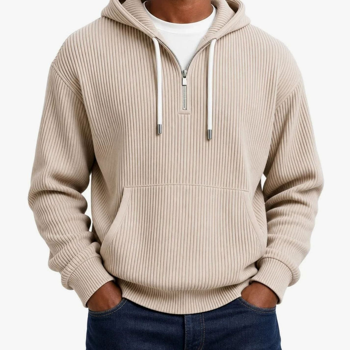 Beige ribbed half-zip hoodie worn by man with hands pockets | Chaps London
