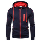 Navy zip hoodie with red trim and drawstrings, flat lay view | Chaps London