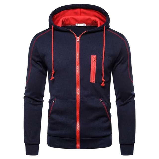 Navy zip hoodie with red trim and drawstrings, flat lay view | Chaps London