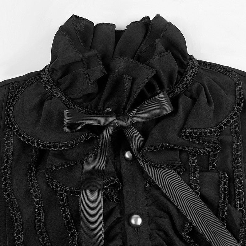 Black ruffled collar shirt with ribbon bow and lace trim detail | Chaps London