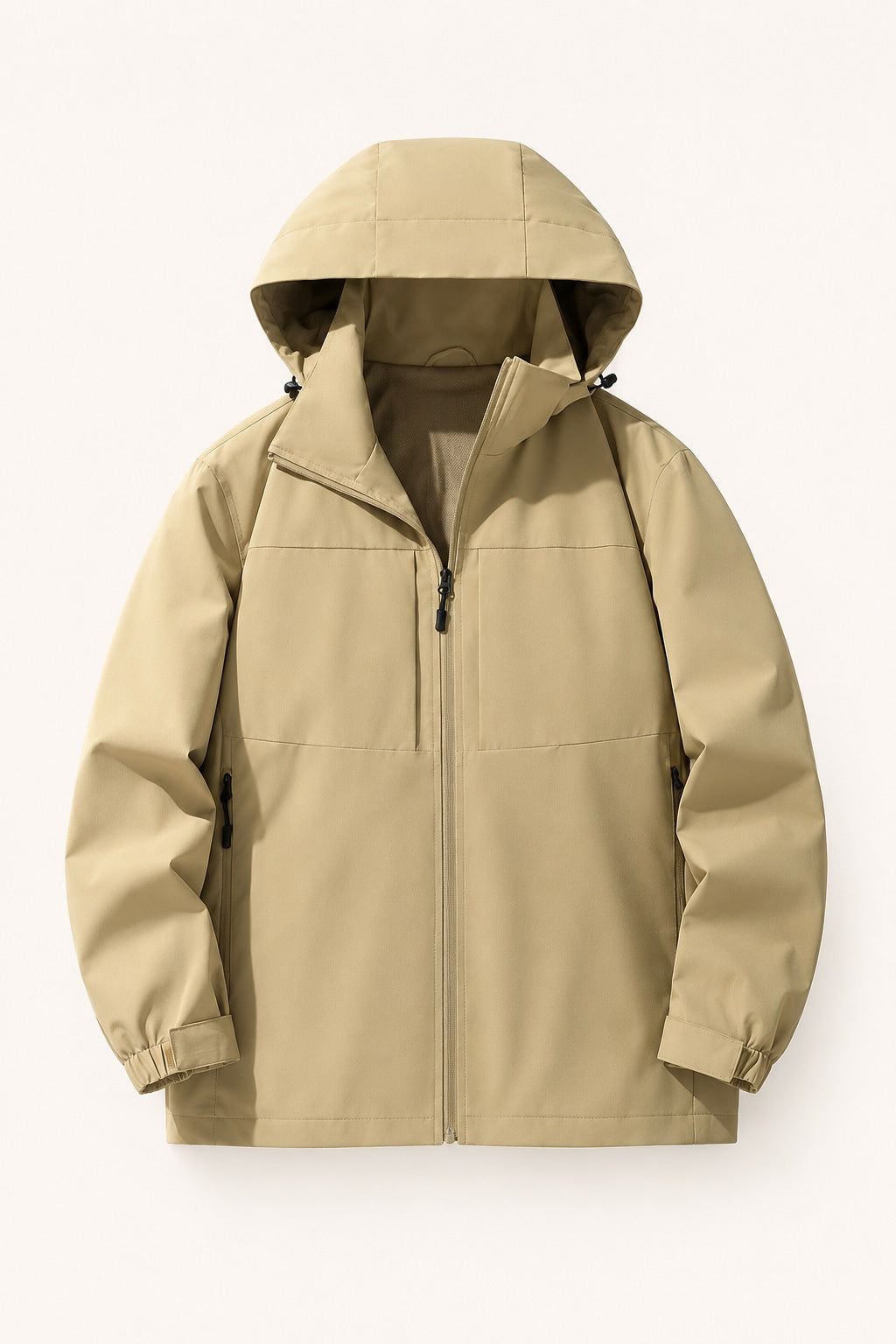 Khaki hooded zip-up jacket with drawstring hood, laid flat, front view | Chaps London