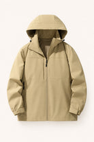 Khaki hooded zip-up jacket with drawstring hood, laid flat, front view | Chaps London