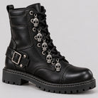 Black combat boot with silver skull charms on laces, side view | Chaps London