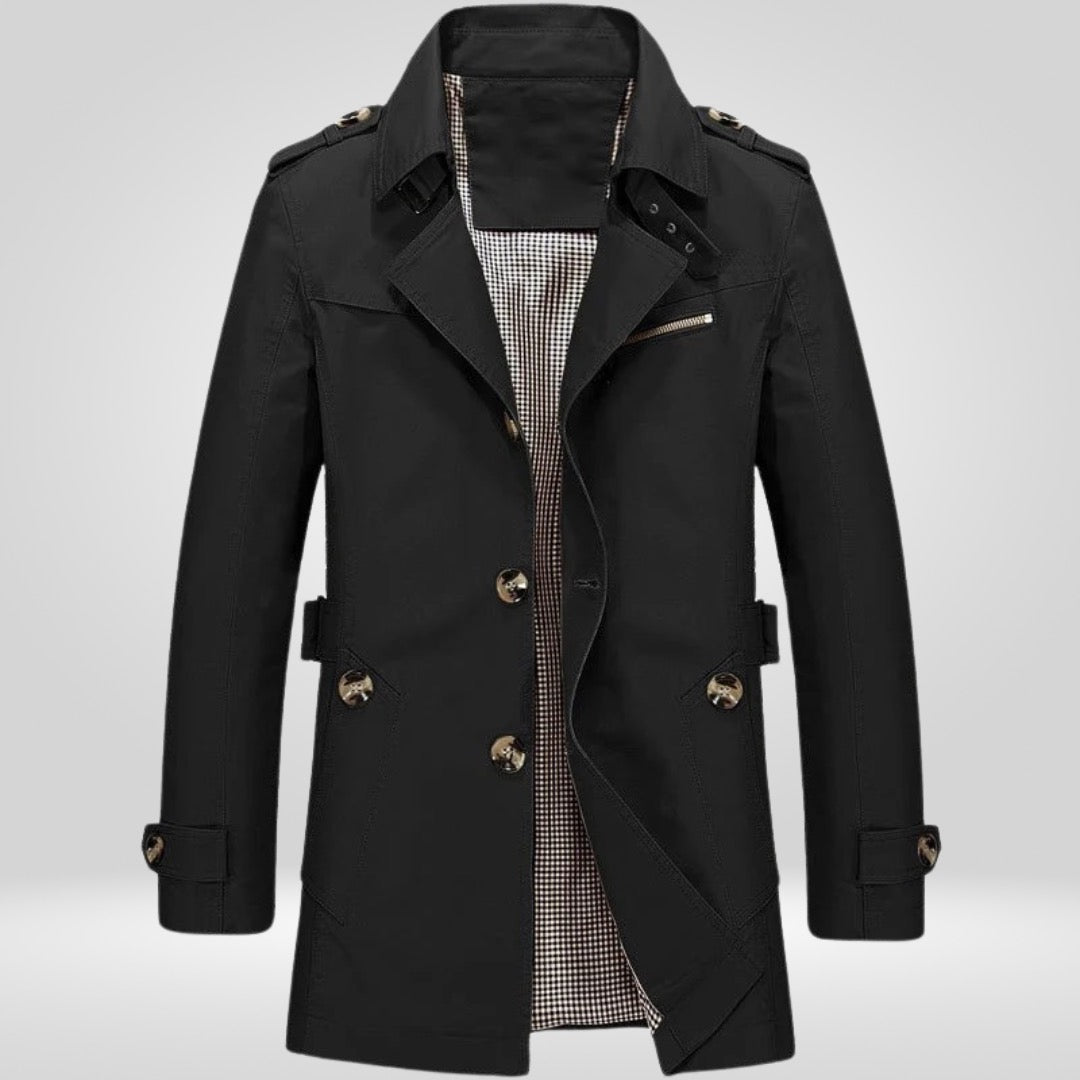 Black double-breasted trench coat with plaid lining, shown on mannequin | Chaps London