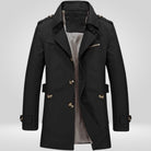 Black double-breasted trench coat with plaid lining, shown on mannequin | Chaps London