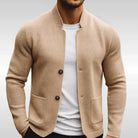 Beige textured knit cardigan with stand collar, worn by man with white shirt | Chaps London