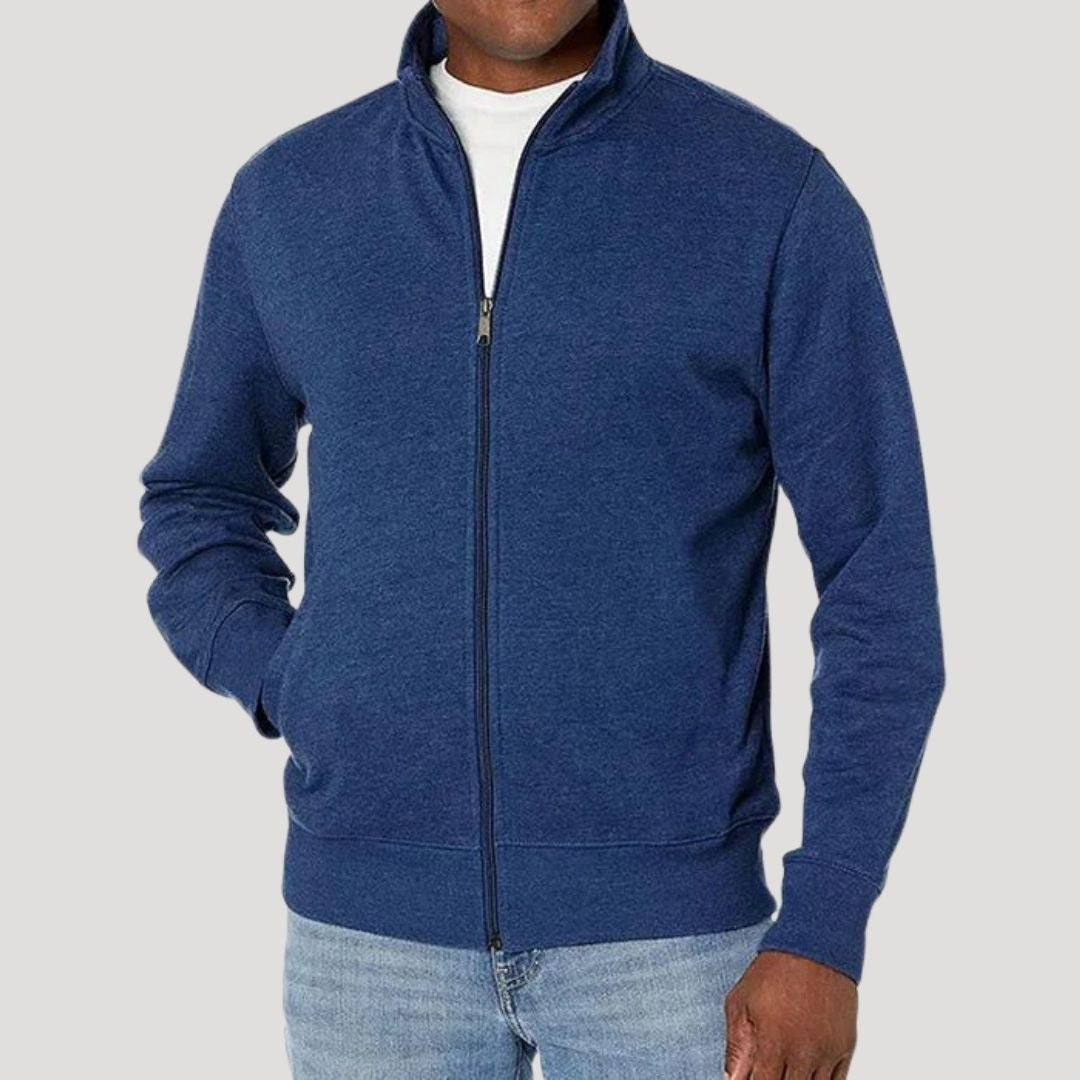Man wearing heathered navy full-zip jacket with stand collar and jeans | Chaps London