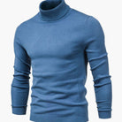 Man wearing slim fit blue knit turtleneck sweater, long sleeves | Chaps London