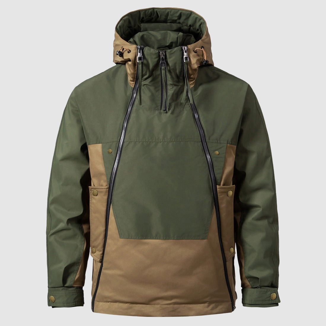 Green and tan colour block hooded anorak jacket, front view, flat lay | Chaps London