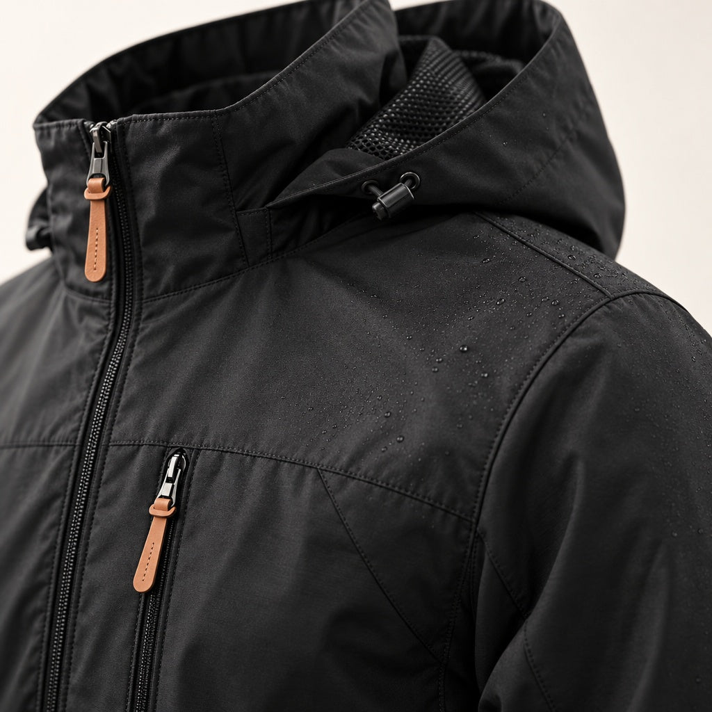 Black hooded jacket with zip pockets, close-up worn by a person, water droplets visible | Chaps London