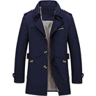 Navy blue trench coat with epaulettes, buttons, and belted cuffs on hanger | Chaps London