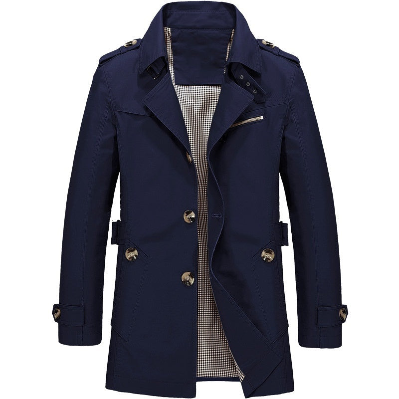 Navy blue trench coat with epaulettes, buttons, and belted cuffs on hanger | Chaps London