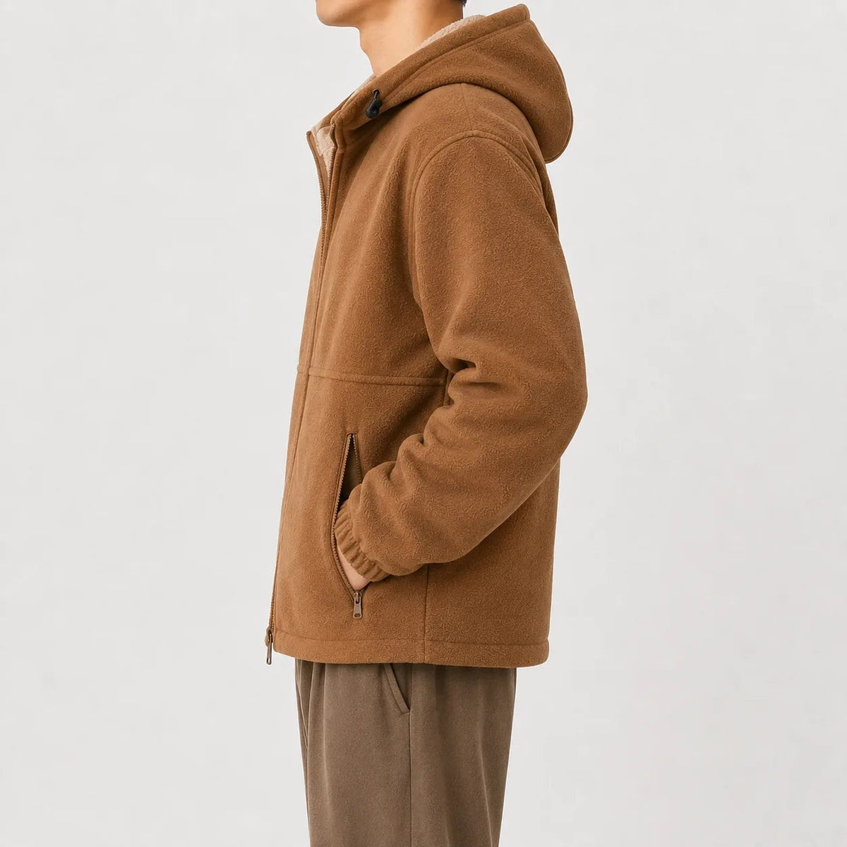 Camel brown zip-up hoodie with hood worn by man, side view | Chaps London