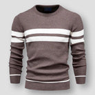 Brown knitted crew neck jumper with white block stripes, worn by person | Chaps London