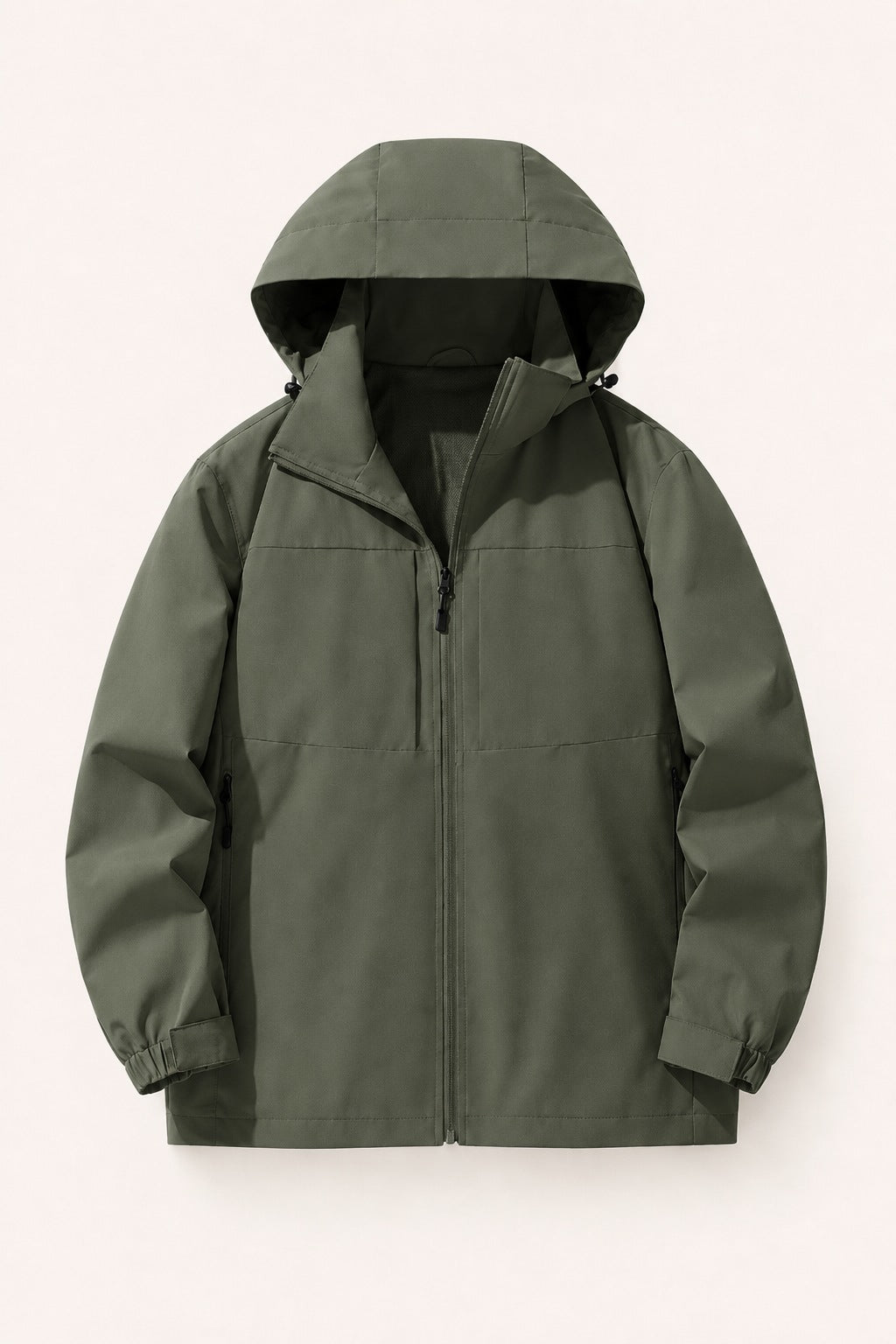 Olive green hooded zip-up jacket displayed flat with sleeves folded | Chaps London