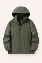 Olive green hooded zip-up jacket displayed flat with sleeves folded | Chaps London