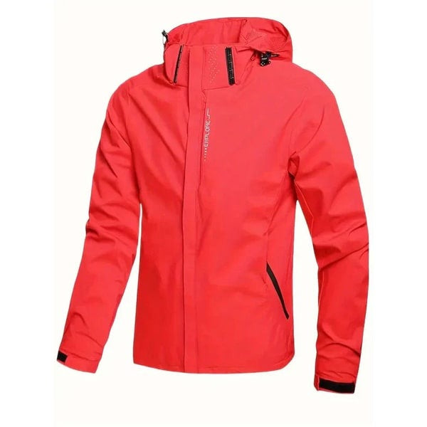 Red hooded waterproof jacket with zip pockets, shown flat, front view | Chaps London