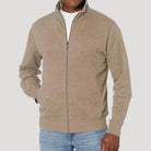 Man wearing heather taupe full-zip fleece jacket with white shirt underneath | Chaps London