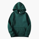 Dark green pullover hoodie with kangaroo pocket, shown flat on background | Chaps London