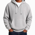 Gray ribbed half-zip hoodie with white drawcords, worn by a man | Chaps London