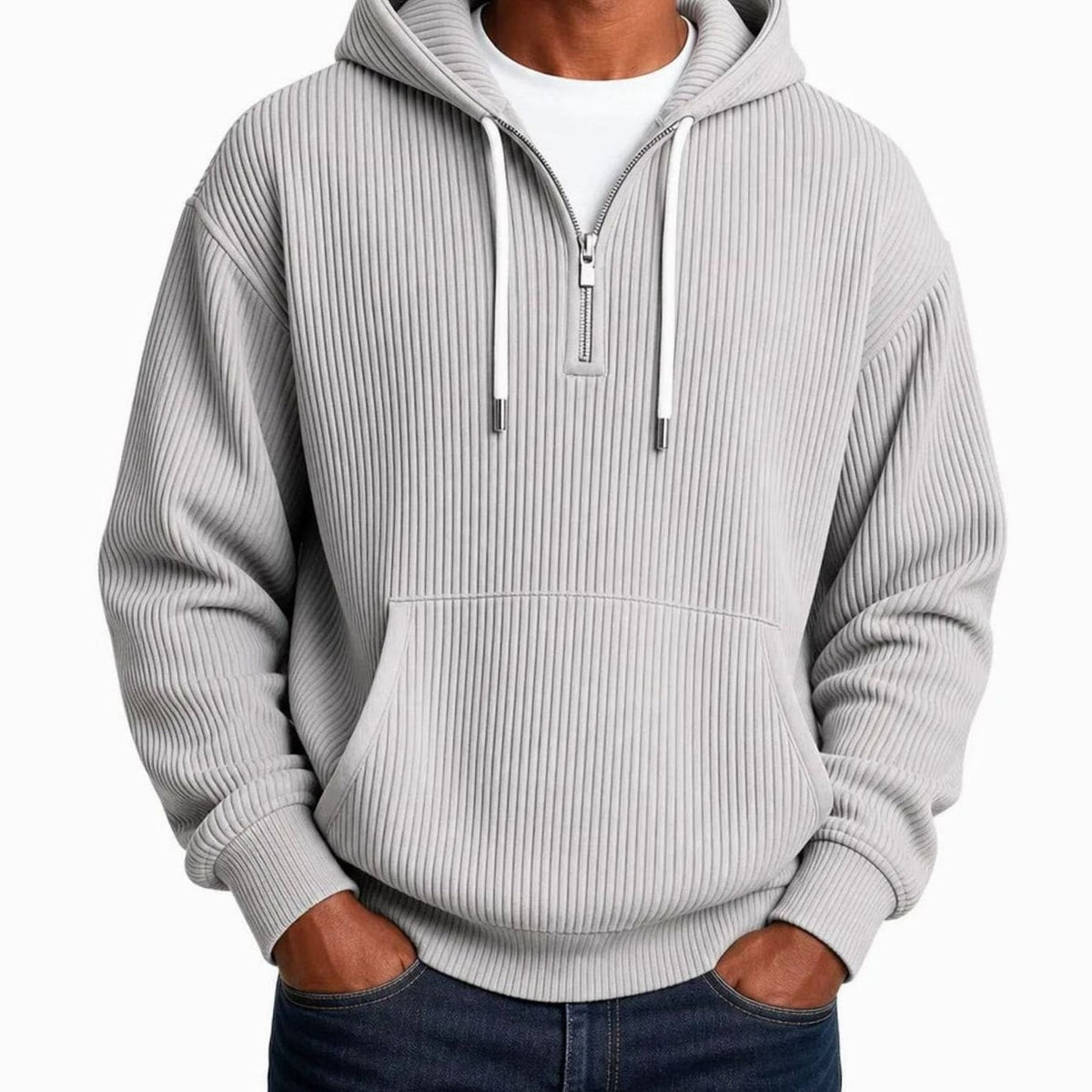 Gray ribbed half-zip hoodie with white drawcords, worn by a man | Chaps London