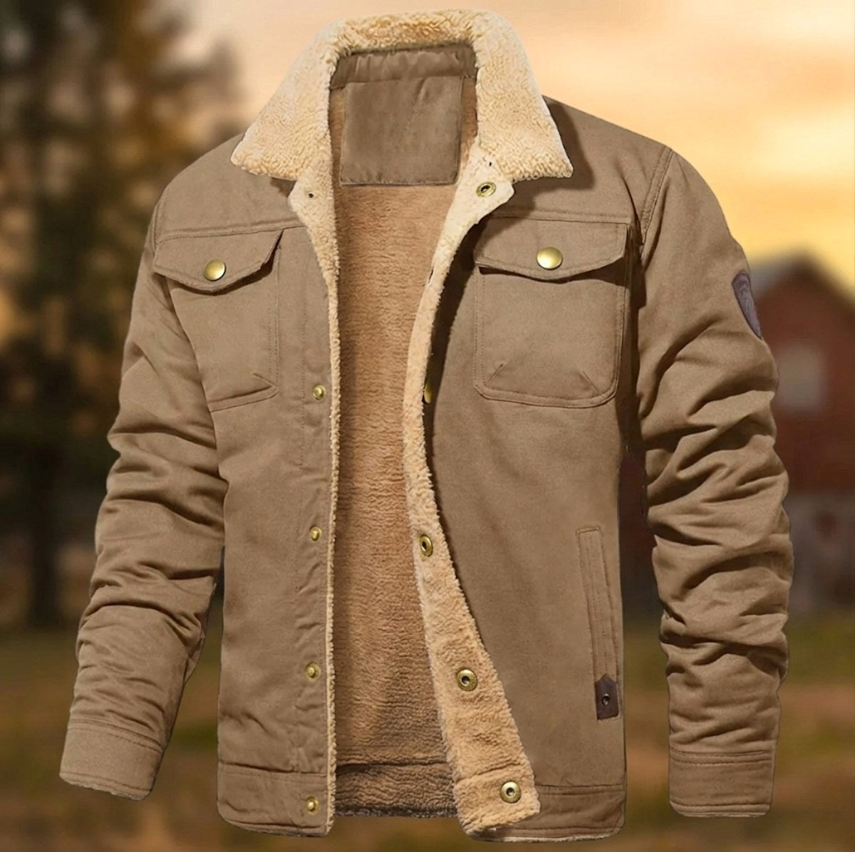 Khaki sherpa-lined trucker jacket with snap buttons, displayed on mannequin outdoors | Chaps London