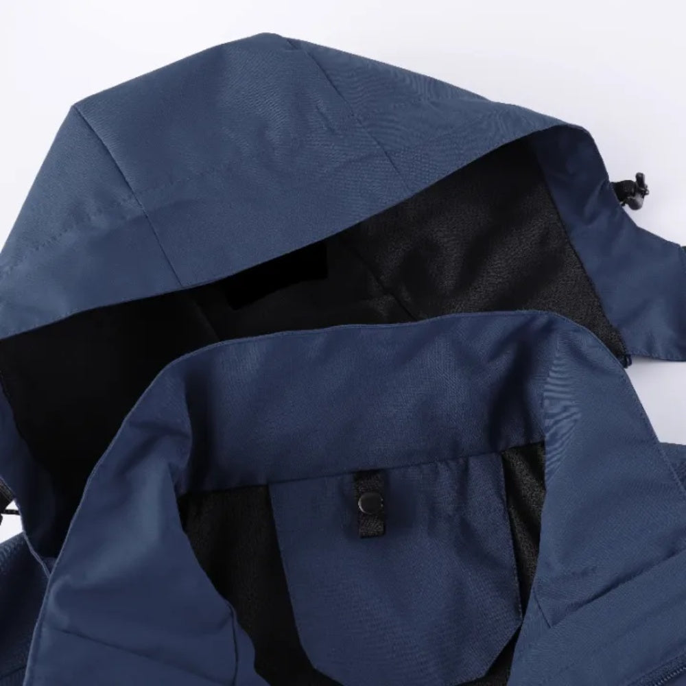 Navy blue hooded jacket, flat lay, showing hood and interior lining detail | Chaps London
