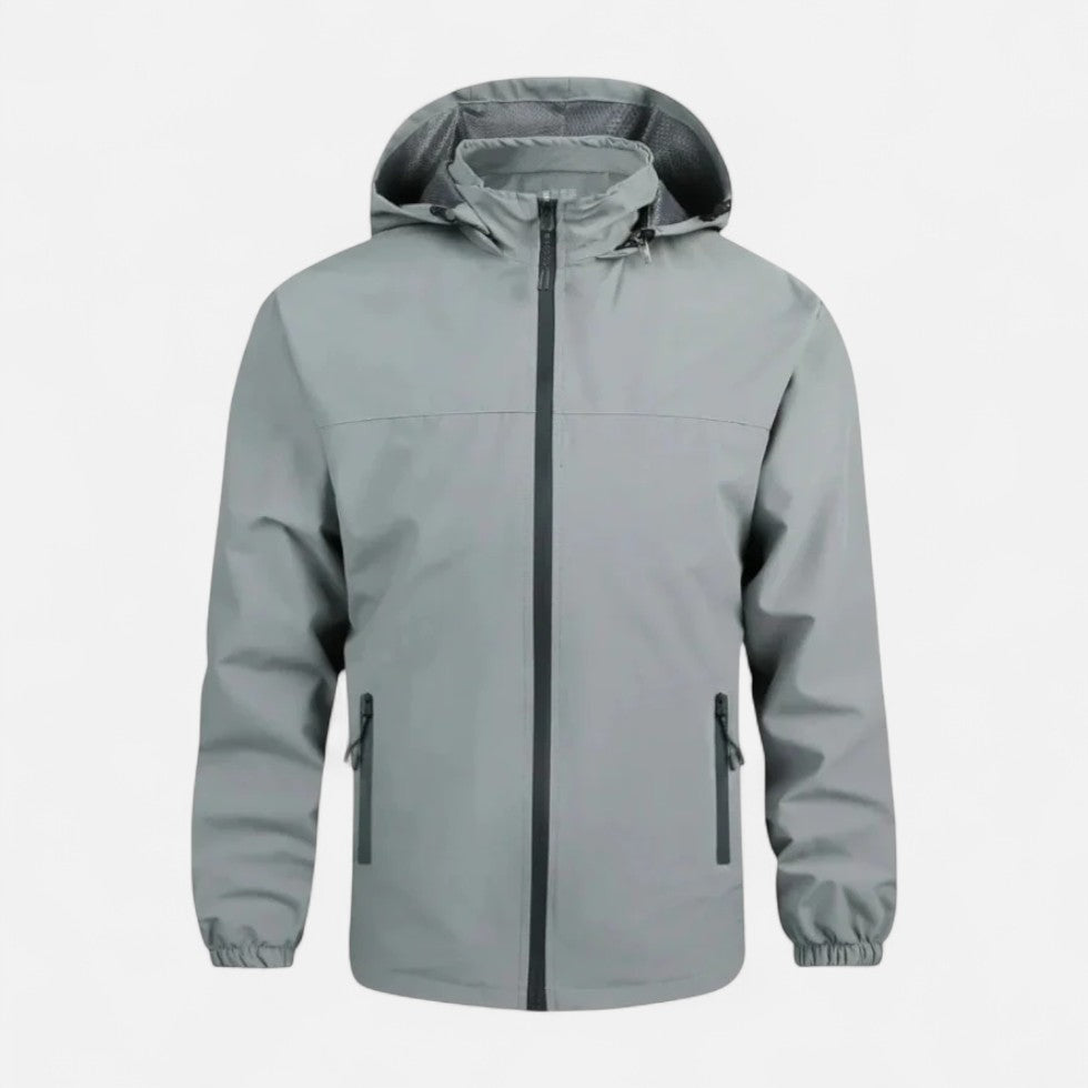 Gray hooded windbreaker jacket with zip pockets, shown flat, front view | Chaps London