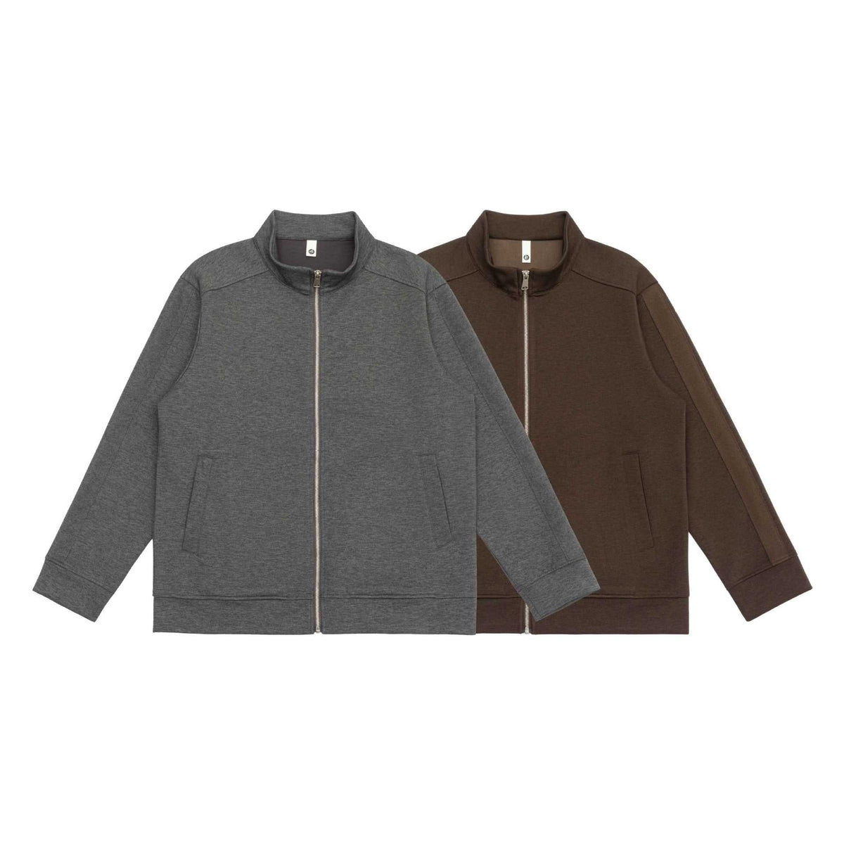 Gray and brown stand collar zip jackets with welt pockets, flat lay | Chaps London