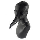 Black plague doctor mask with long beak and rivets on mannequin | Chaps London